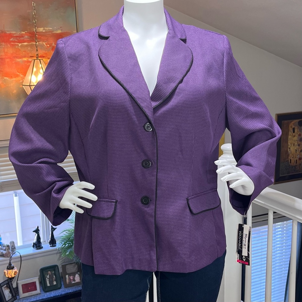 💜Classic Spago  3 Button Purple And Black Hound's Tooth Blazer /24W